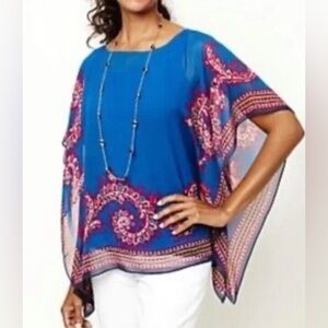 Talbots Blue Paisley Silk Kaftan Pop Over Tunic Top